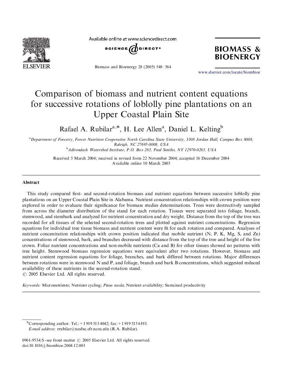 Comparison of biomass and nutrient content equations for successive rotations of loblolly pine plantations on an Upper Coastal Plain Site