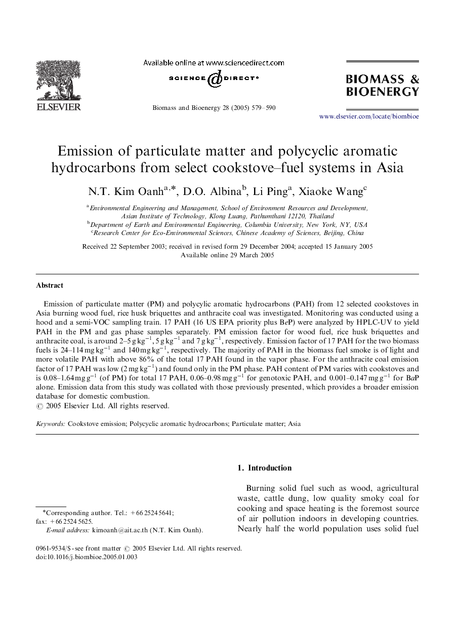 Emission of particulate matter and polycyclic aromatic hydrocarbons from select cookstove-fuel systems in Asia