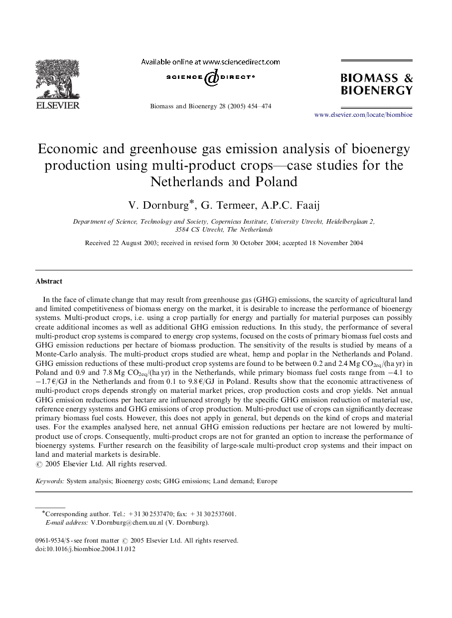 Economic and greenhouse gas emission analysis of bioenergy production using multi-product crops-case studies for the Netherlands and Poland