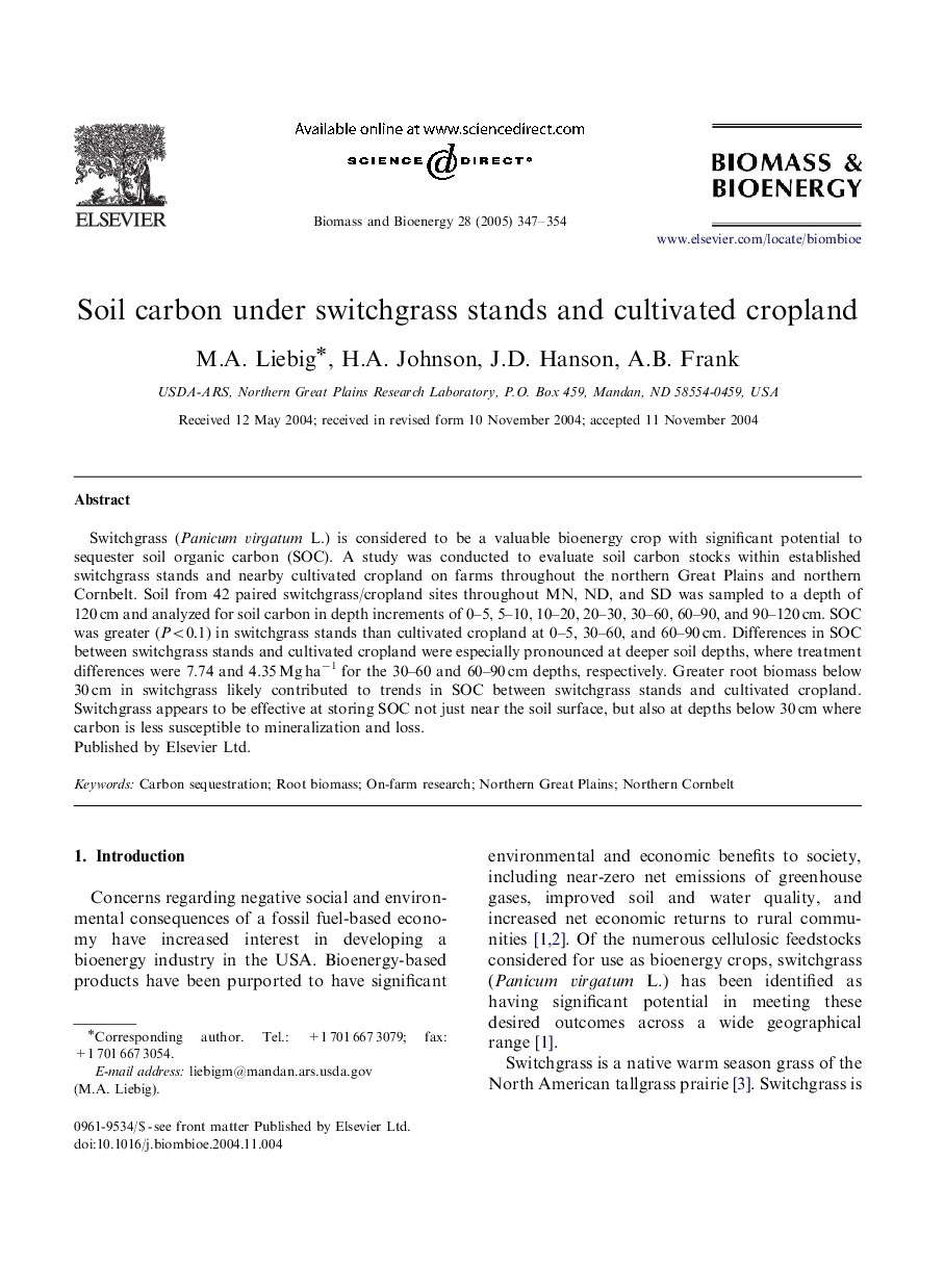 Soil carbon under switchgrass stands and cultivated cropland