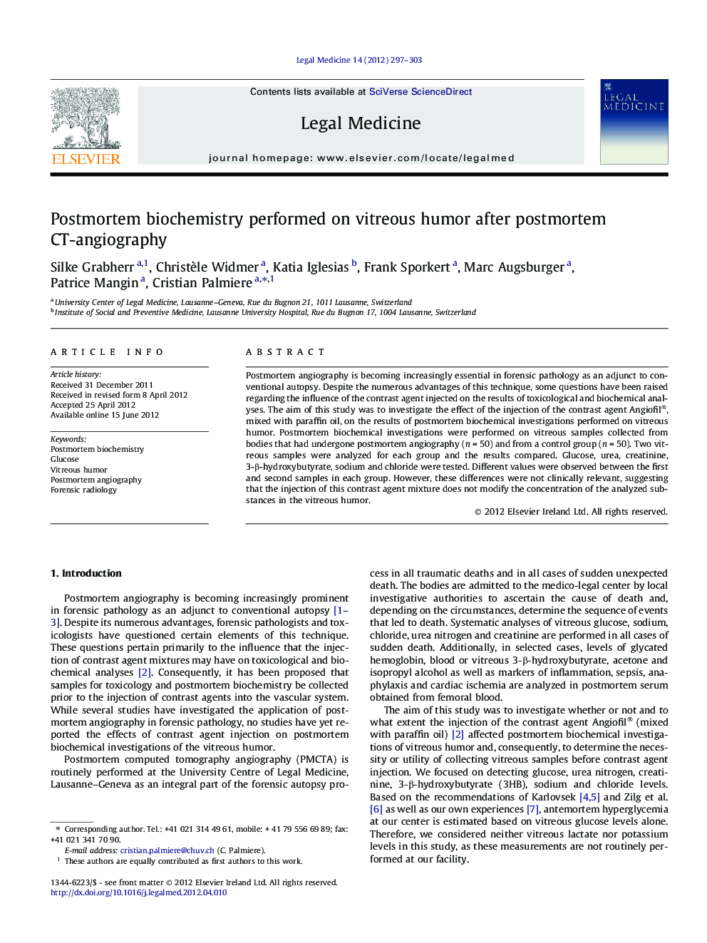 Postmortem biochemistry performed on vitreous humor after postmortem CT-angiography