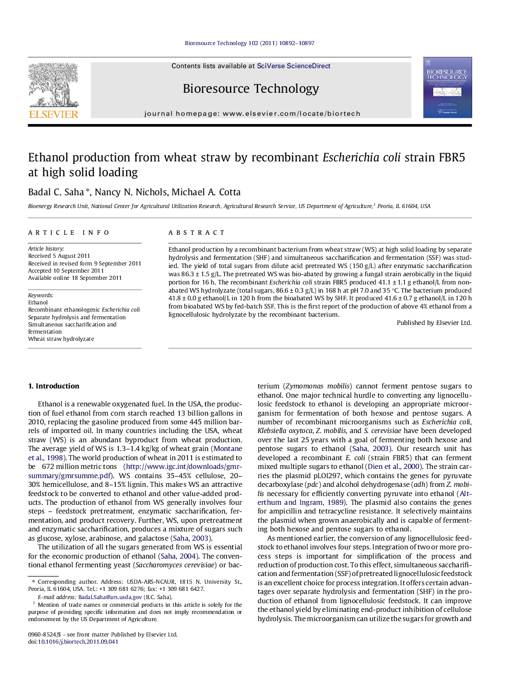 Ethanol production from wheat straw by recombinant Escherichia coli strain FBR5 at high solid loading