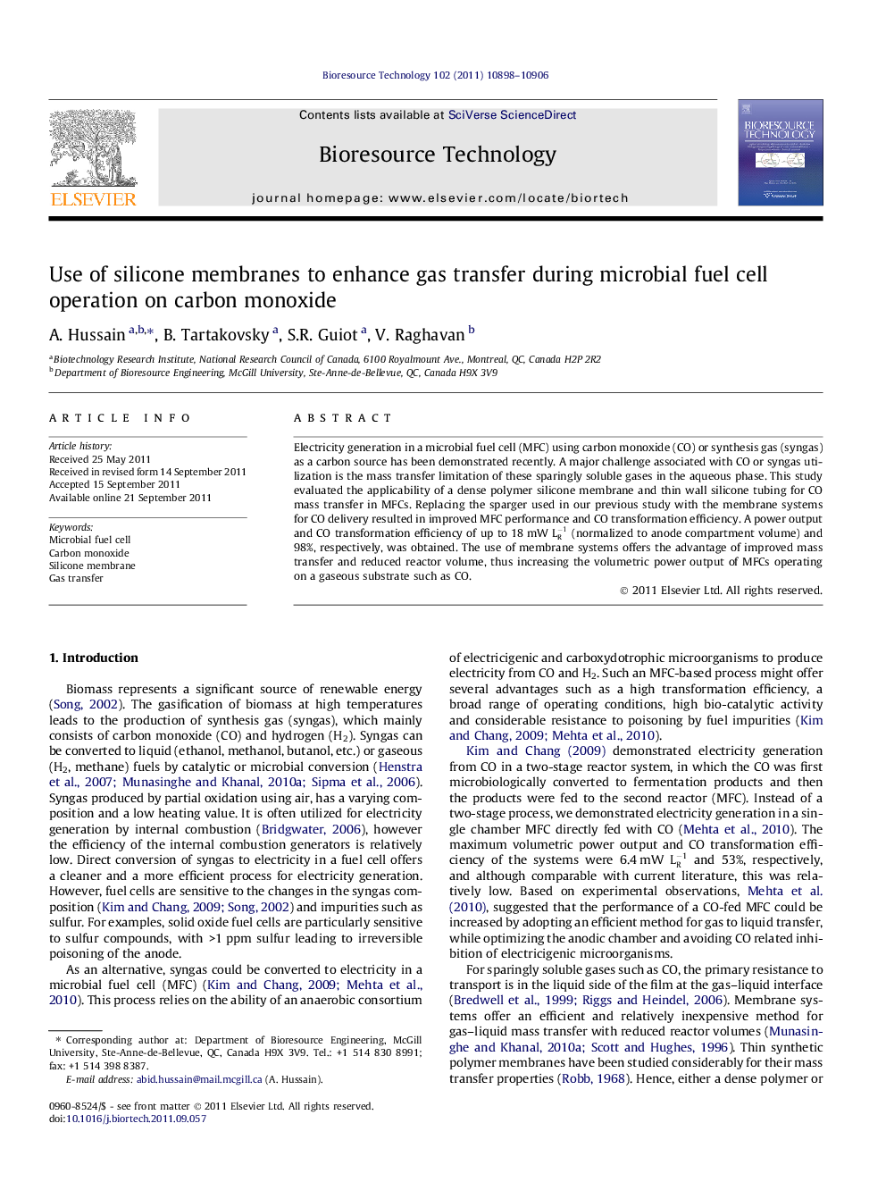 Use of silicone membranes to enhance gas transfer during microbial fuel cell operation on carbon monoxide