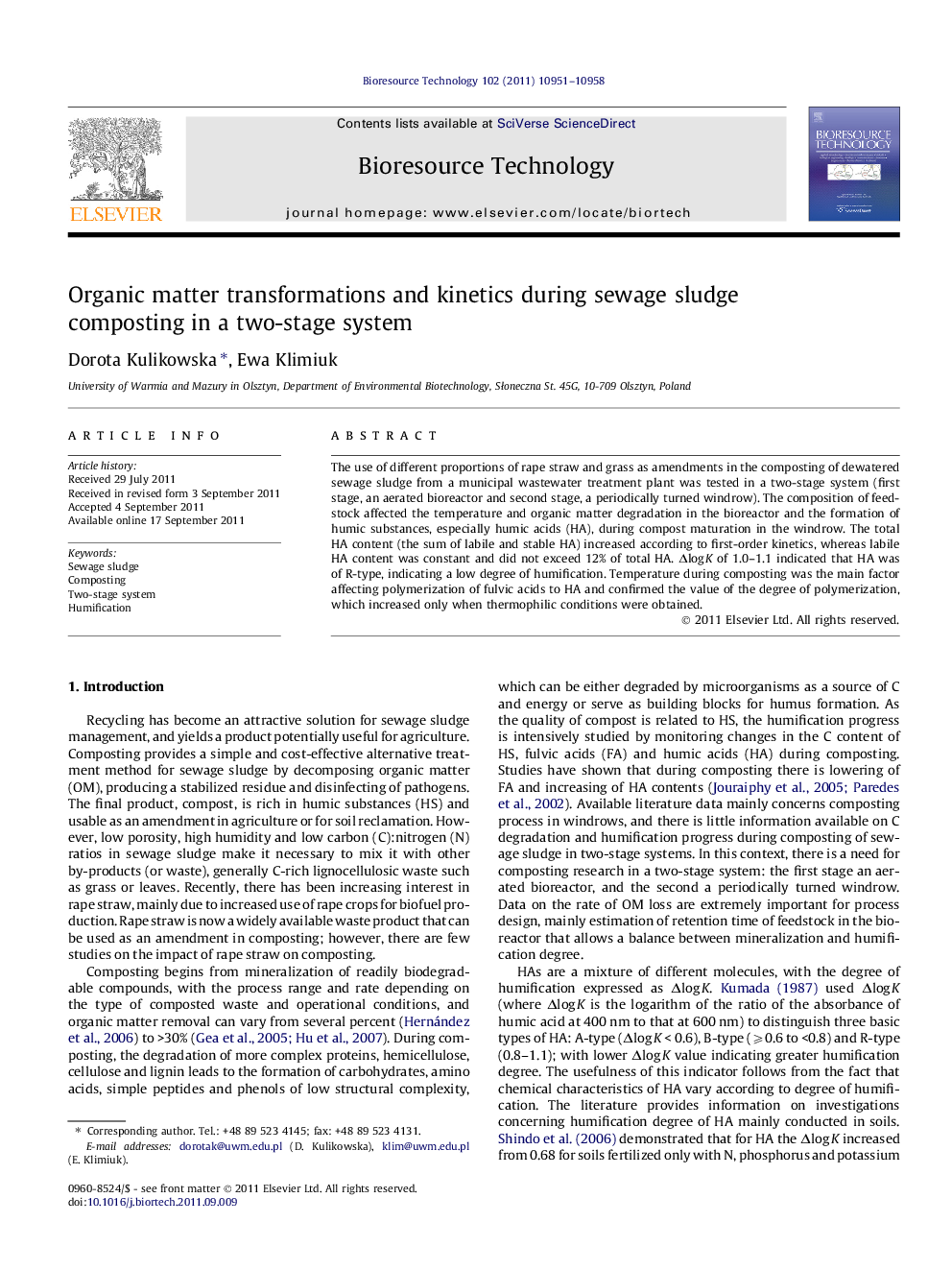 عکس صفحه اول مقاله: Organic matter transformations and kinetics during sewage sludge composting in a two-stage system Organic matter transformations and kinetics during sewage sludge composting in a two-stage system