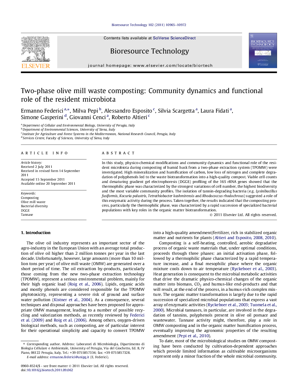 Two-phase olive mill waste composting: Community dynamics and functional role of the resident microbiota