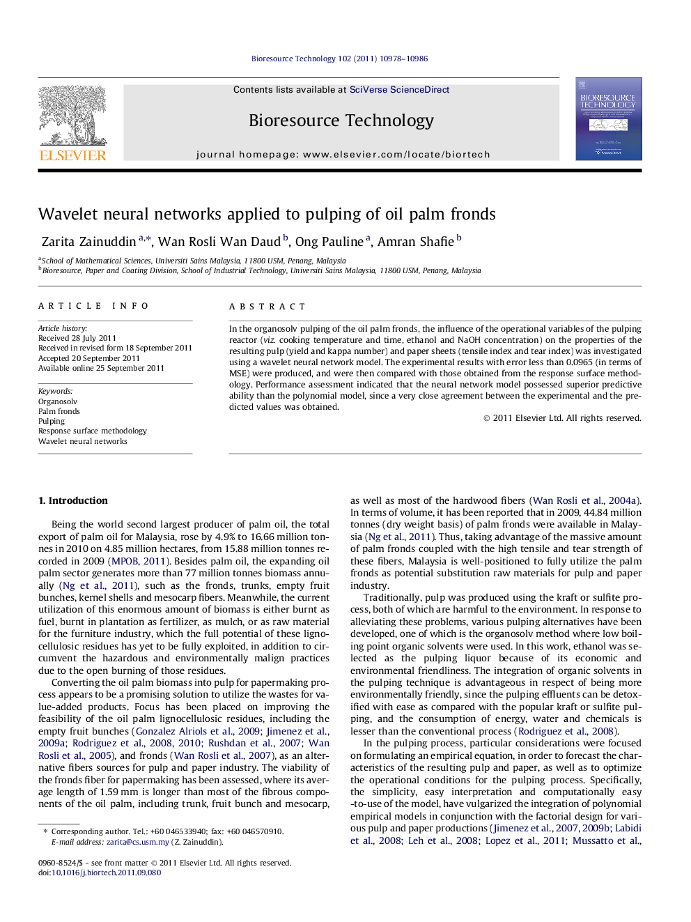 عکس صفحه اول مقاله: Wavelet neural networks applied to pulping of oil palm fronds Wavelet neural networks applied to pulping of oil palm fronds