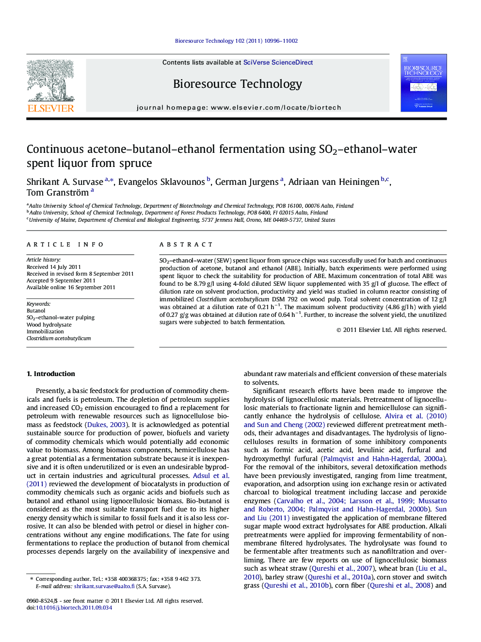 Continuous acetone-butanol-ethanol fermentation using SO2-ethanol-water spent liquor from spruce