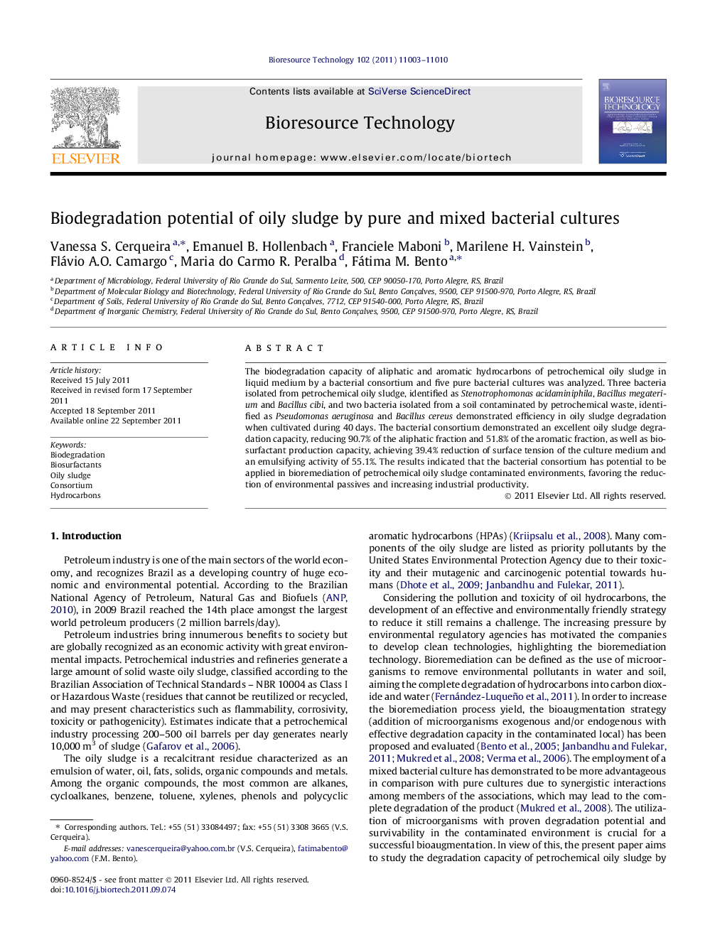 Biodegradation potential of oily sludge by pure and mixed bacterial cultures