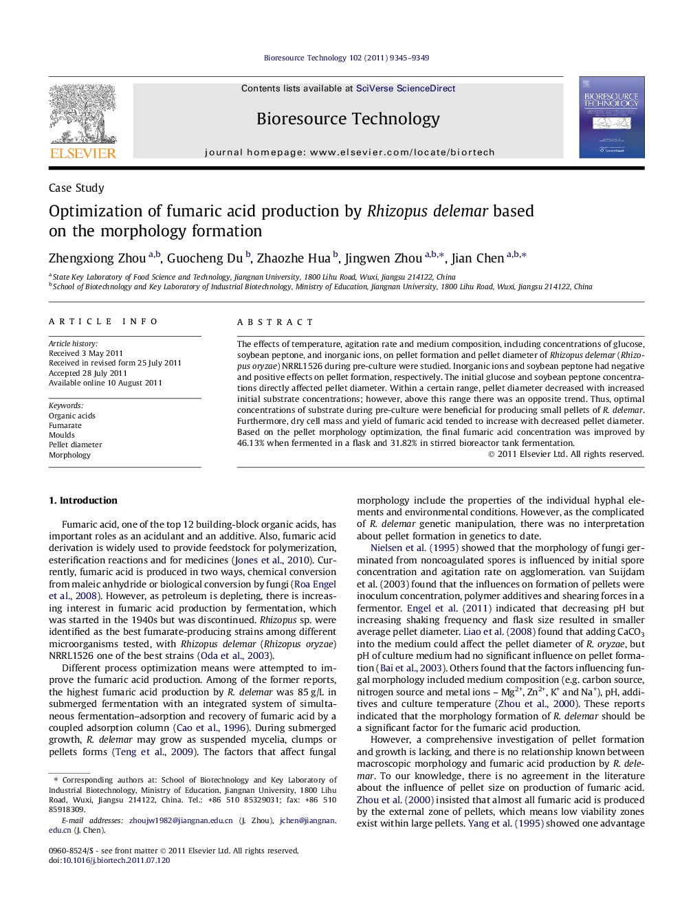 Optimization of fumaric acid production by Rhizopus delemar based on the morphology formation