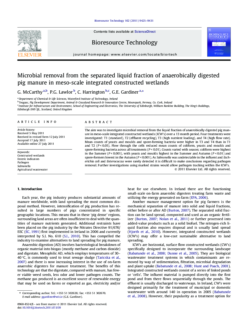 Microbial removal from the separated liquid fraction of anaerobically digested pig manure in meso-scale integrated constructed wetlands