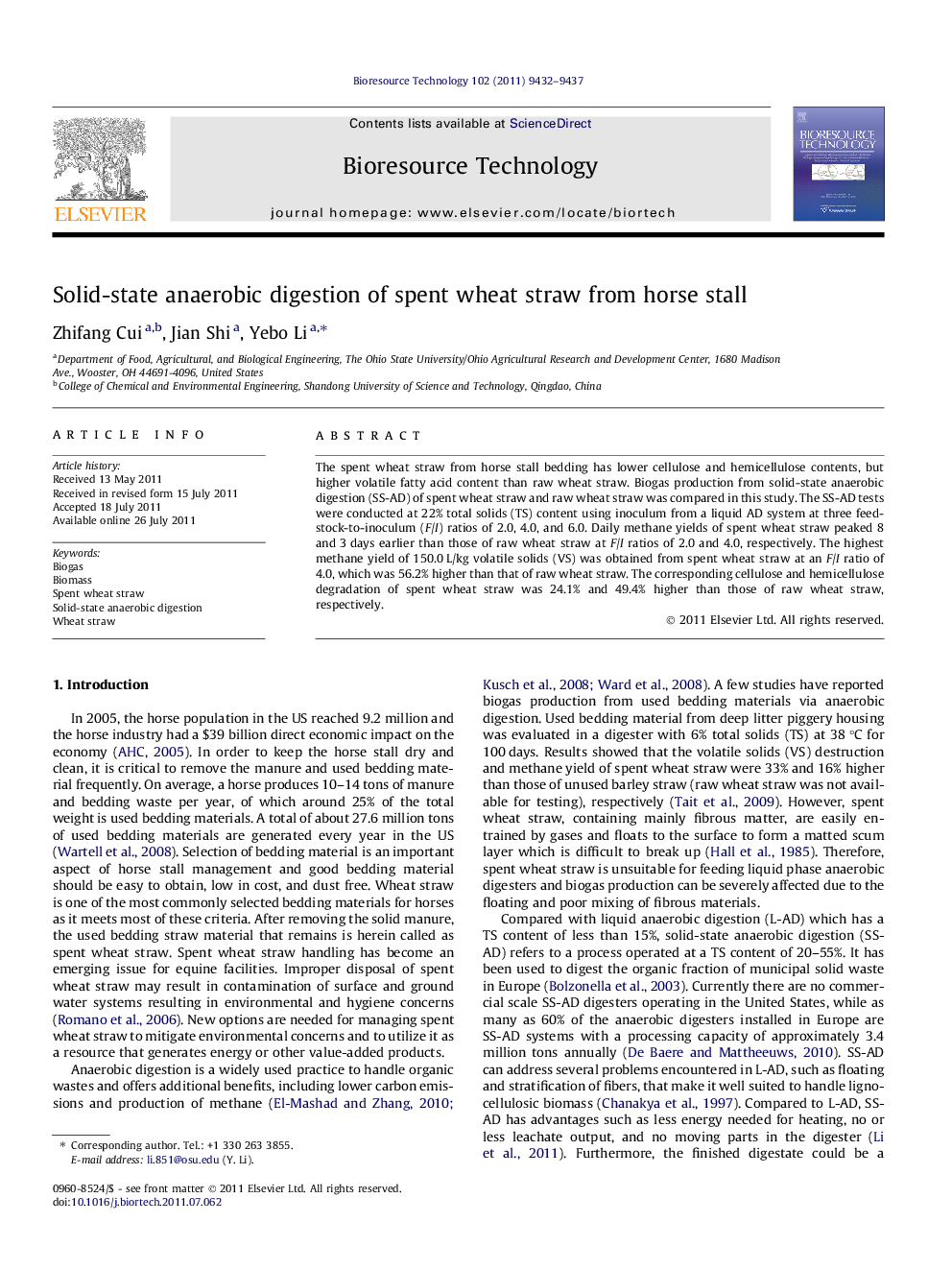 Solid-state anaerobic digestion of spent wheat straw from horse stall