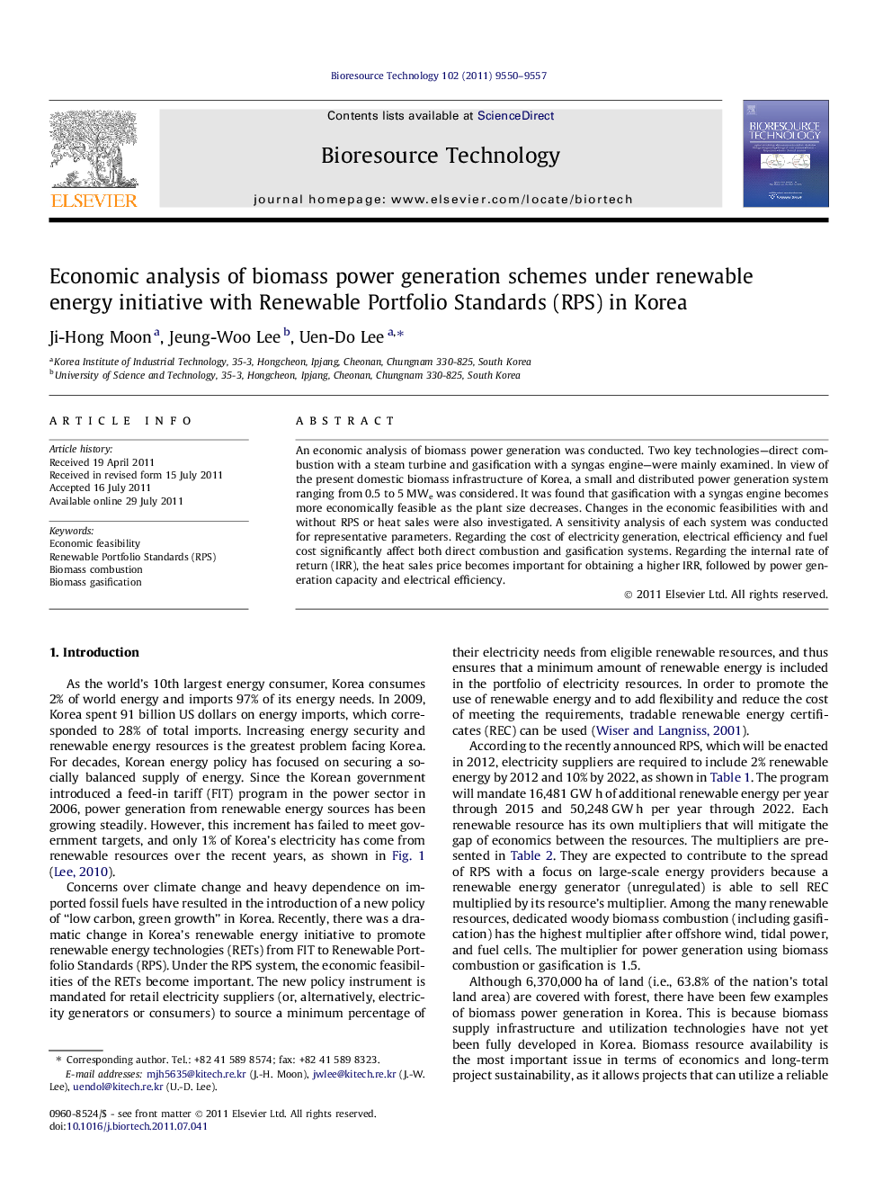 Economic analysis of biomass power generation schemes under renewable energy initiative with Renewable Portfolio Standards (RPS) in Korea