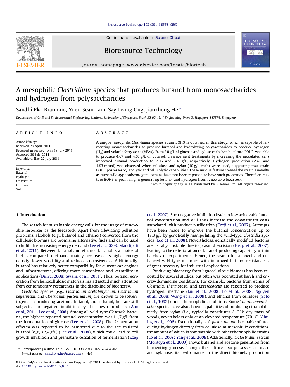 A mesophilic Clostridium species that produces butanol from monosaccharides and hydrogen from polysaccharides