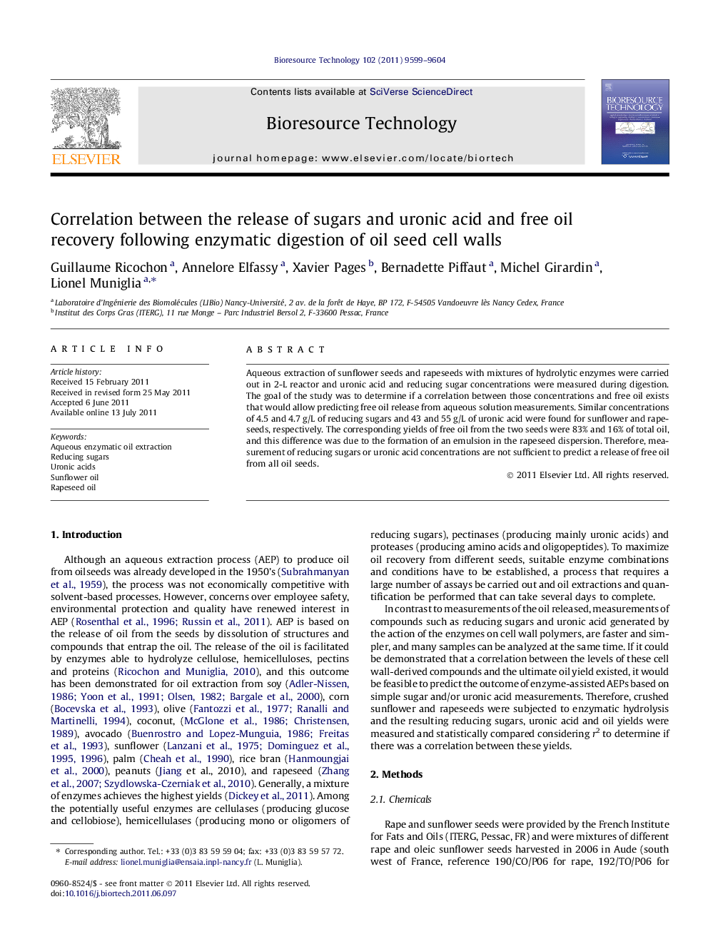 Correlation between the release of sugars and uronic acid and free oil recovery following enzymatic digestion of oil seed cell walls