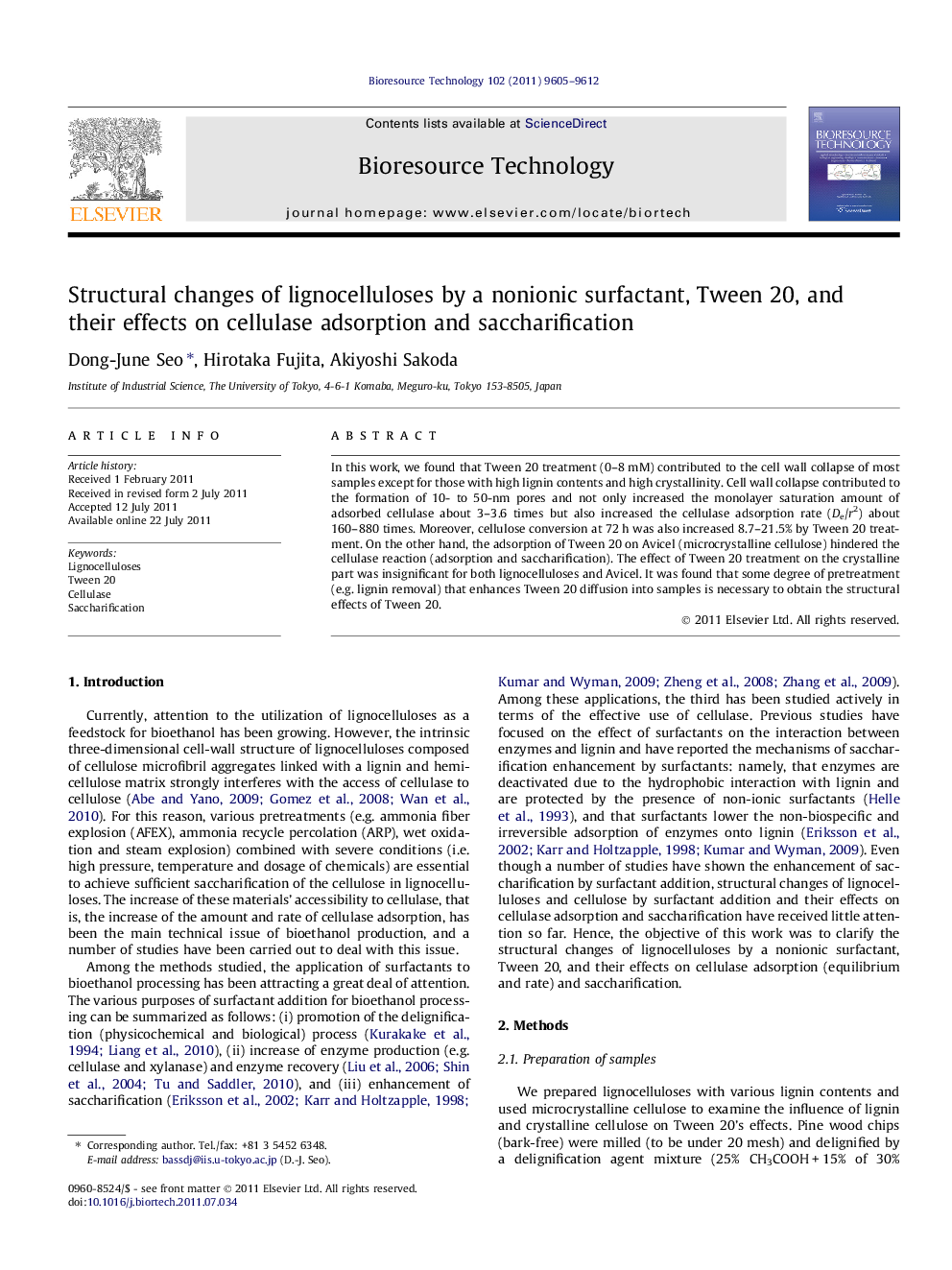 Structural changes of lignocelluloses by a nonionic surfactant, Tween 20, and their effects on cellulase adsorption and saccharification