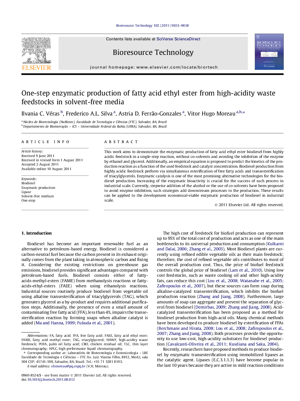 One-step enzymatic production of fatty acid ethyl ester from high-acidity waste feedstocks in solvent-free media