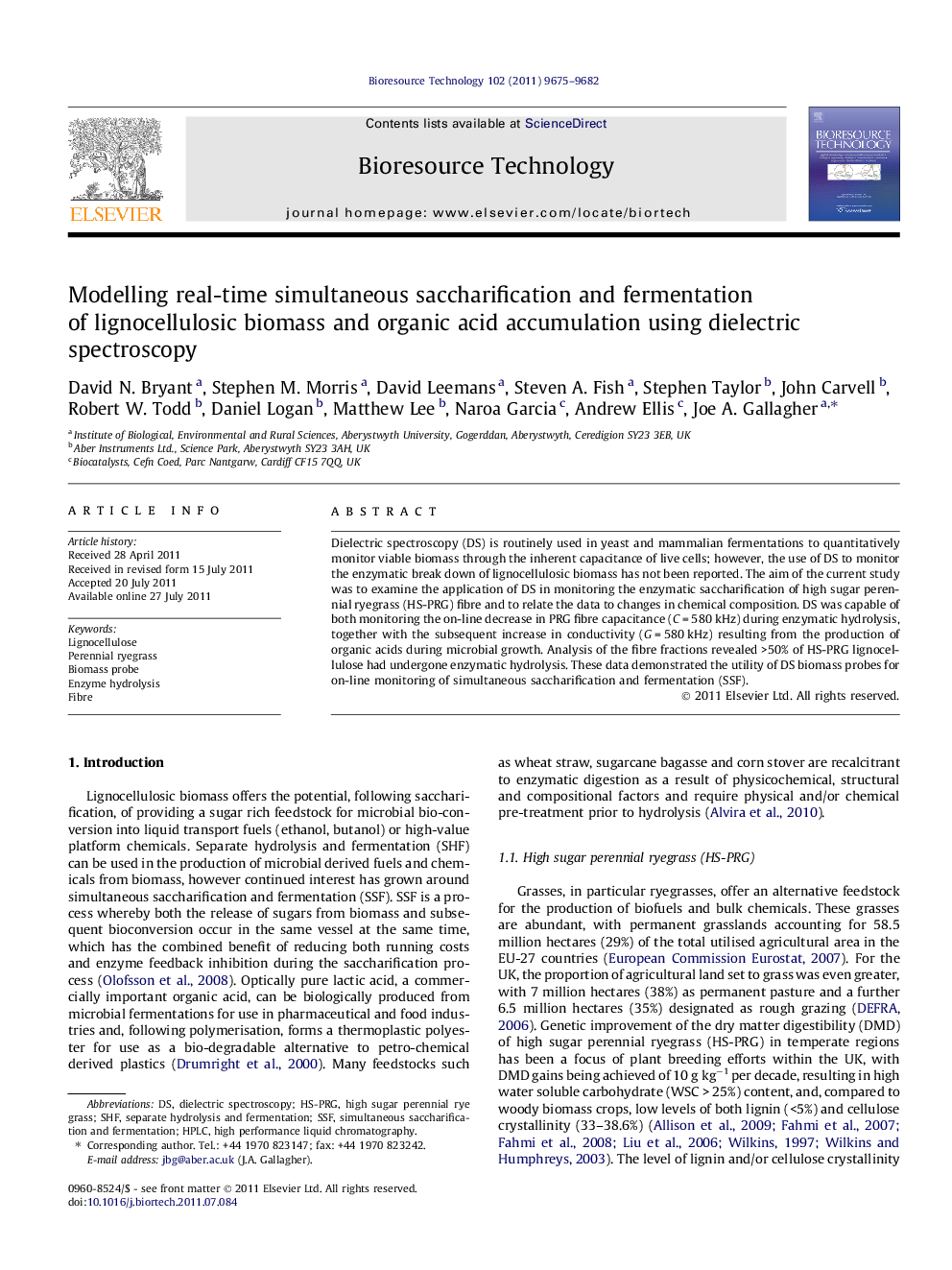 عکس صفحه اول مقاله: Modelling real-time simultaneous saccharification and fermentation of lignocellulosic biomass and organic acid accumulation using dielectric spectroscopy Modelling real-time simultaneous saccharification and fermentation of lignocellulosic biomass and organic acid accumulation using dielectric spectroscopy