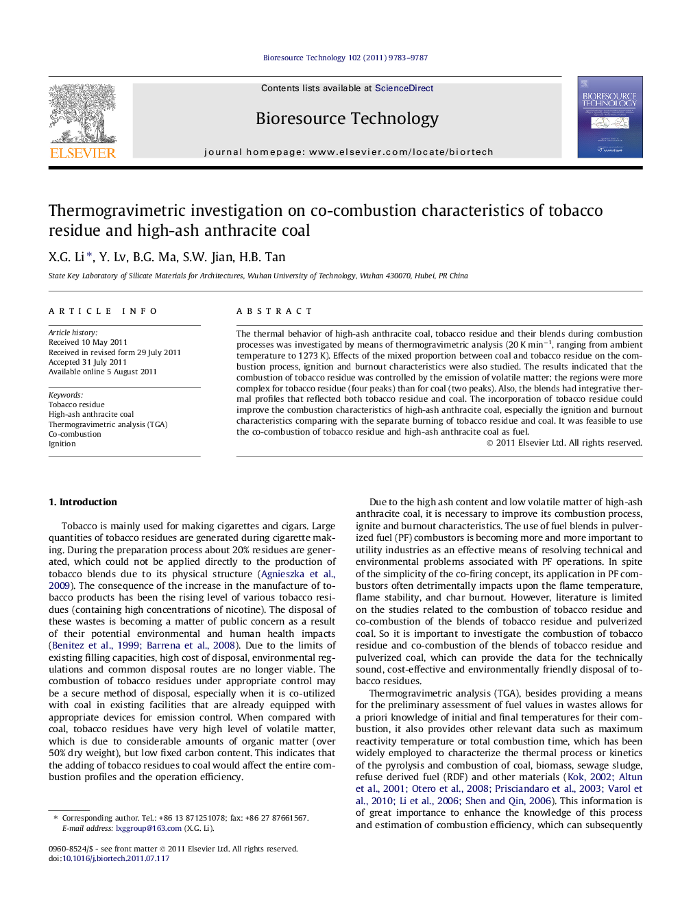 Thermogravimetric investigation on co-combustion characteristics of tobacco residue and high-ash anthracite coal