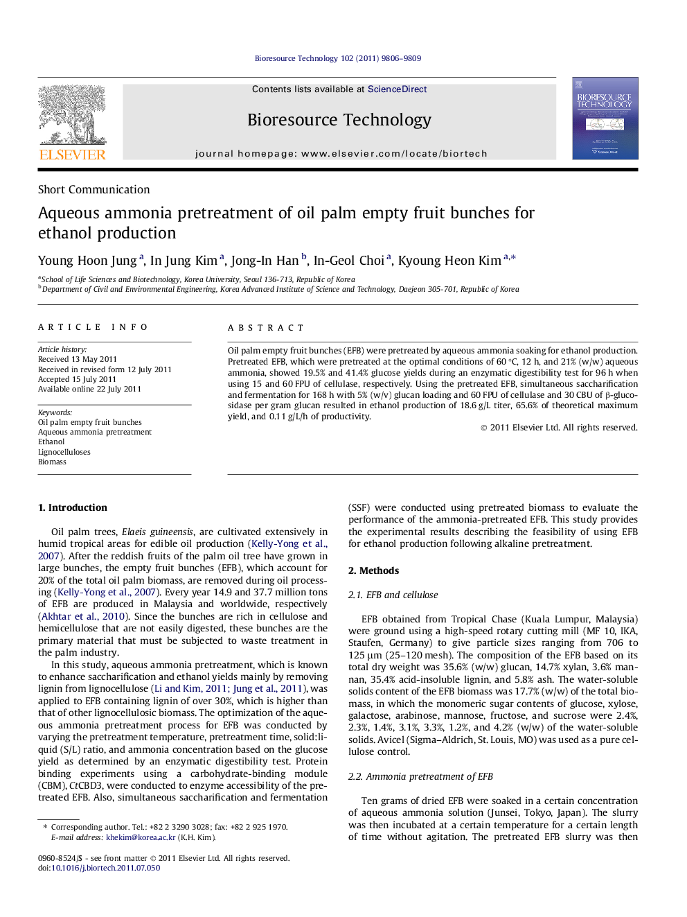 Aqueous ammonia pretreatment of oil palm empty fruit bunches for ethanol production