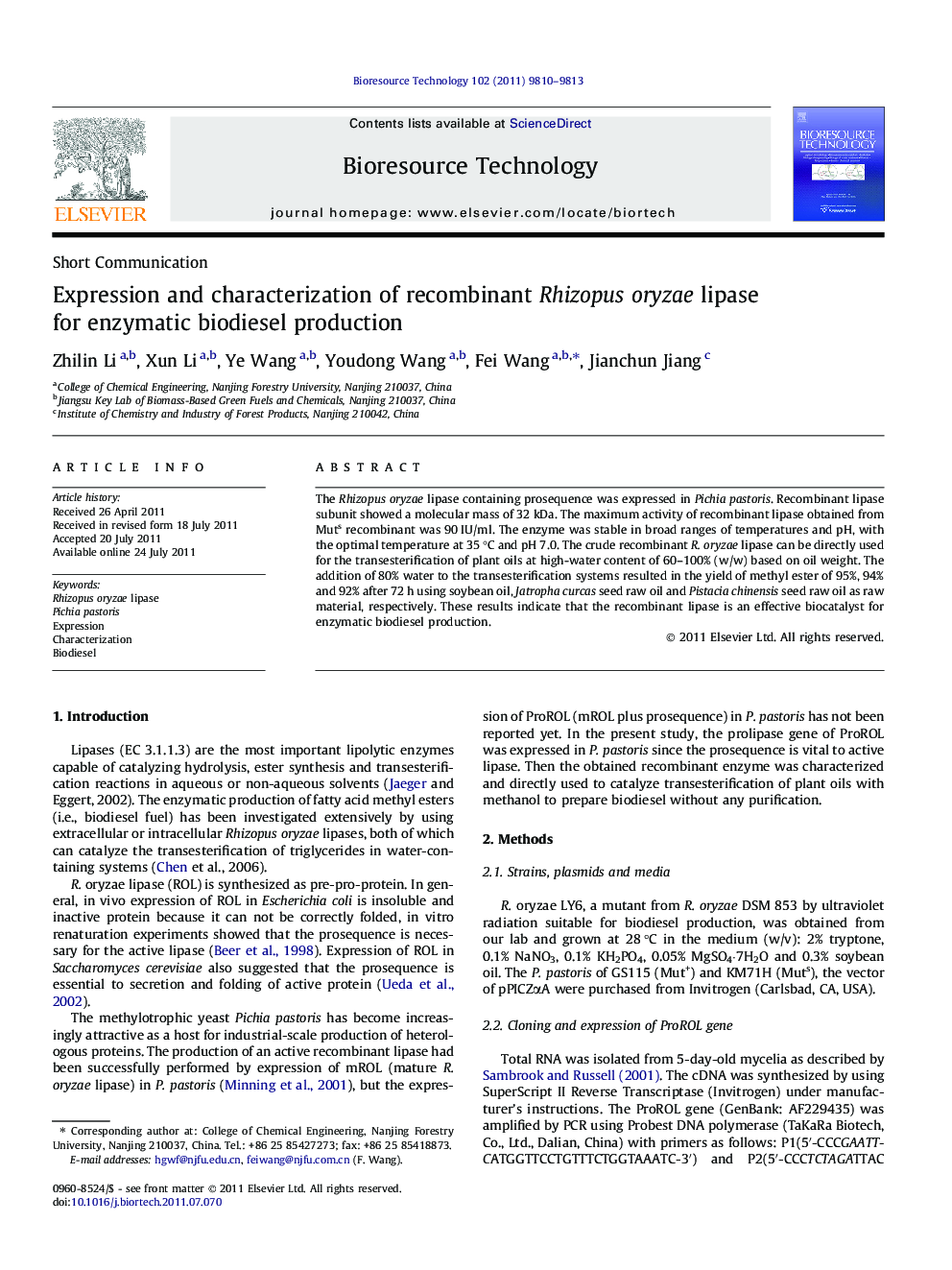 Expression and characterization of recombinant Rhizopus oryzae lipase for enzymatic biodiesel production