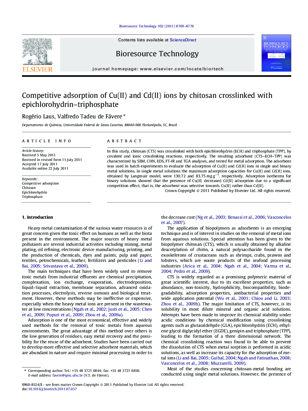 Competitive adsorption of Cu(II) and Cd(II) ions by chitosan crosslinked with epichlorohydrin-triphosphate