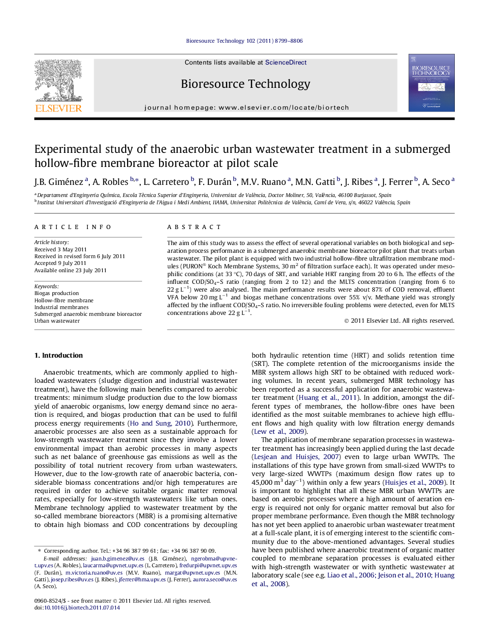 عکس صفحه اول مقاله: Experimental study of the anaerobic urban wastewater treatment in a submerged hollow-fibre membrane bioreactor at pilot scale Experimental study of the anaerobic urban wastewater treatment in a submerged hollow-fibre membrane bioreactor at pilot scale
