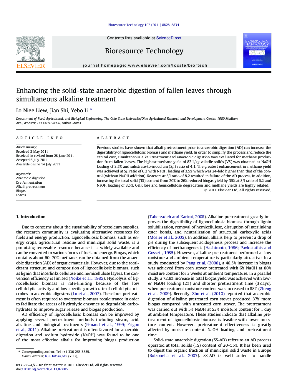 Enhancing the solid-state anaerobic digestion of fallen leaves through simultaneous alkaline treatment