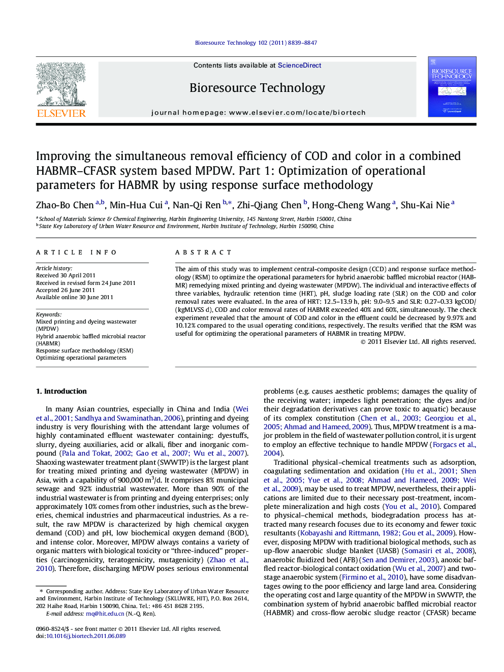 Improving the simultaneous removal efficiency of COD and color in a combined HABMR-CFASR system based MPDW. Part 1: Optimization of operational parameters for HABMR by using response surface methodology