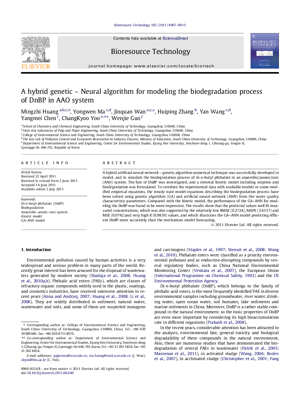 A hybrid genetic - Neural algorithm for modeling the biodegradation process of DnBP in AAO system