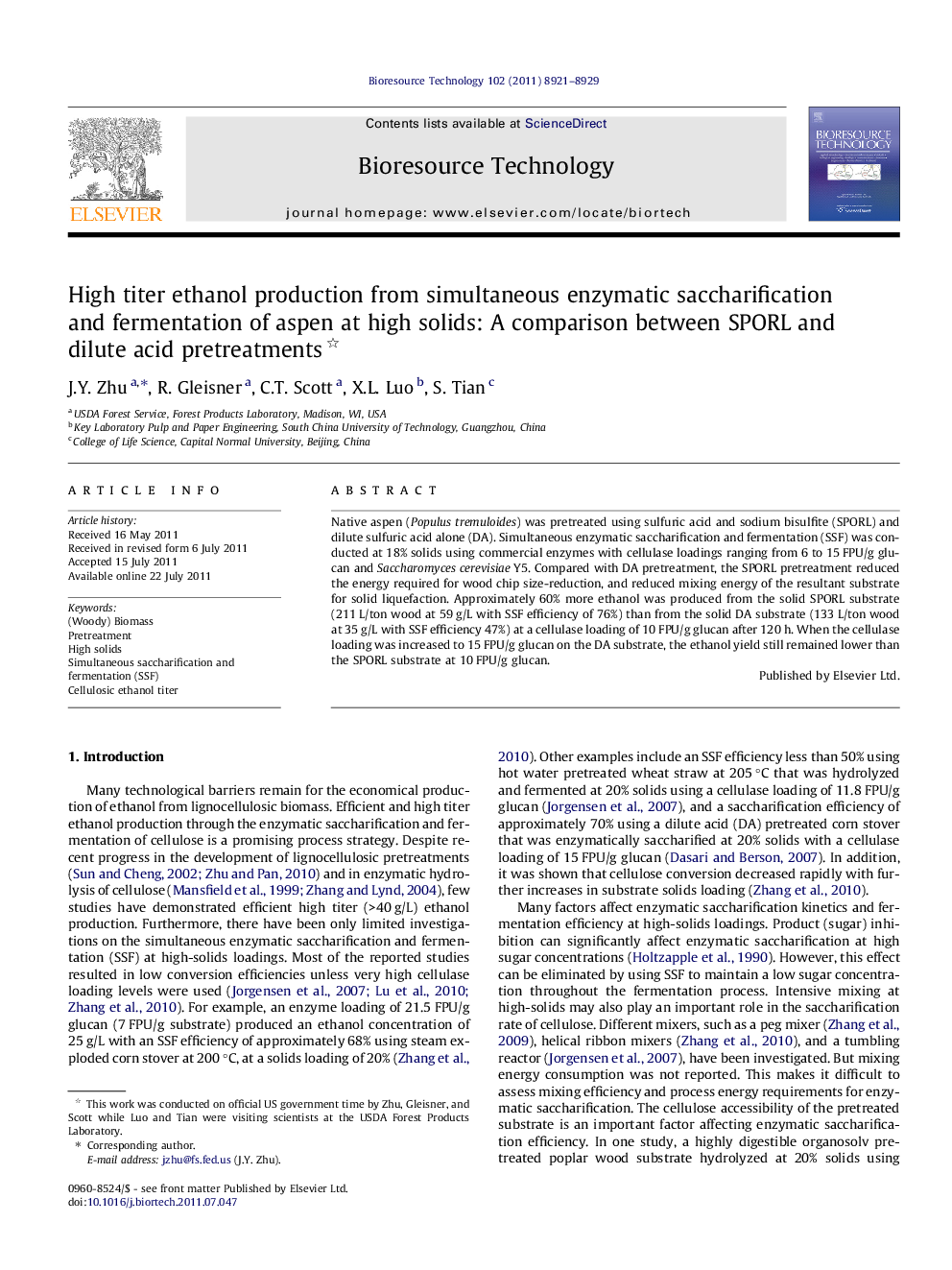 High titer ethanol production from simultaneous enzymatic saccharification and fermentation of aspen at high solids: A comparison between SPORL and dilute acid pretreatments