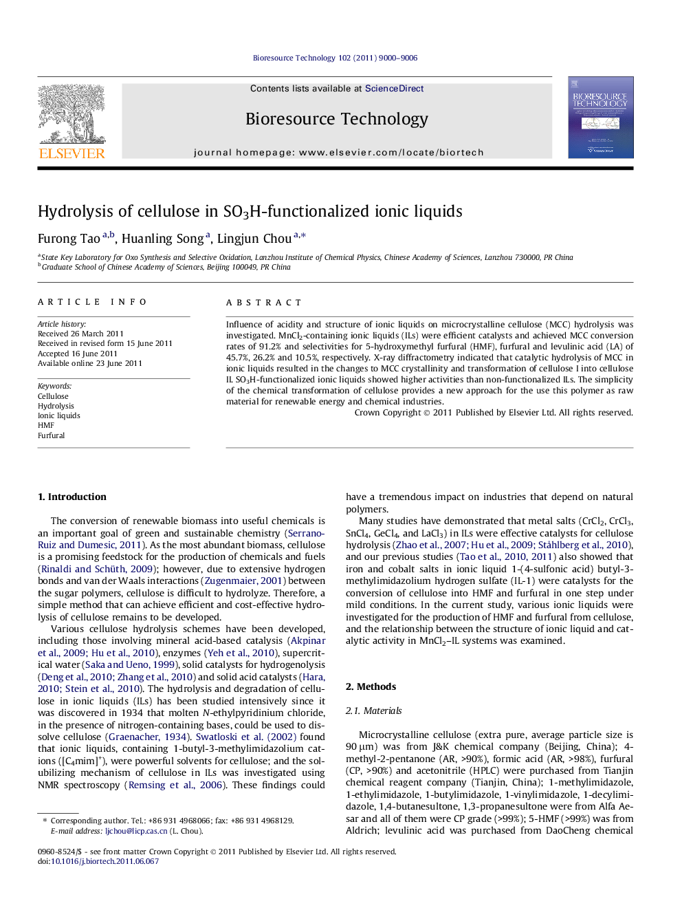عکس صفحه اول مقاله: Hydrolysis of cellulose in SO3H-functionalized ionic liquids Hydrolysis of cellulose in SO3H-functionalized ionic liquids