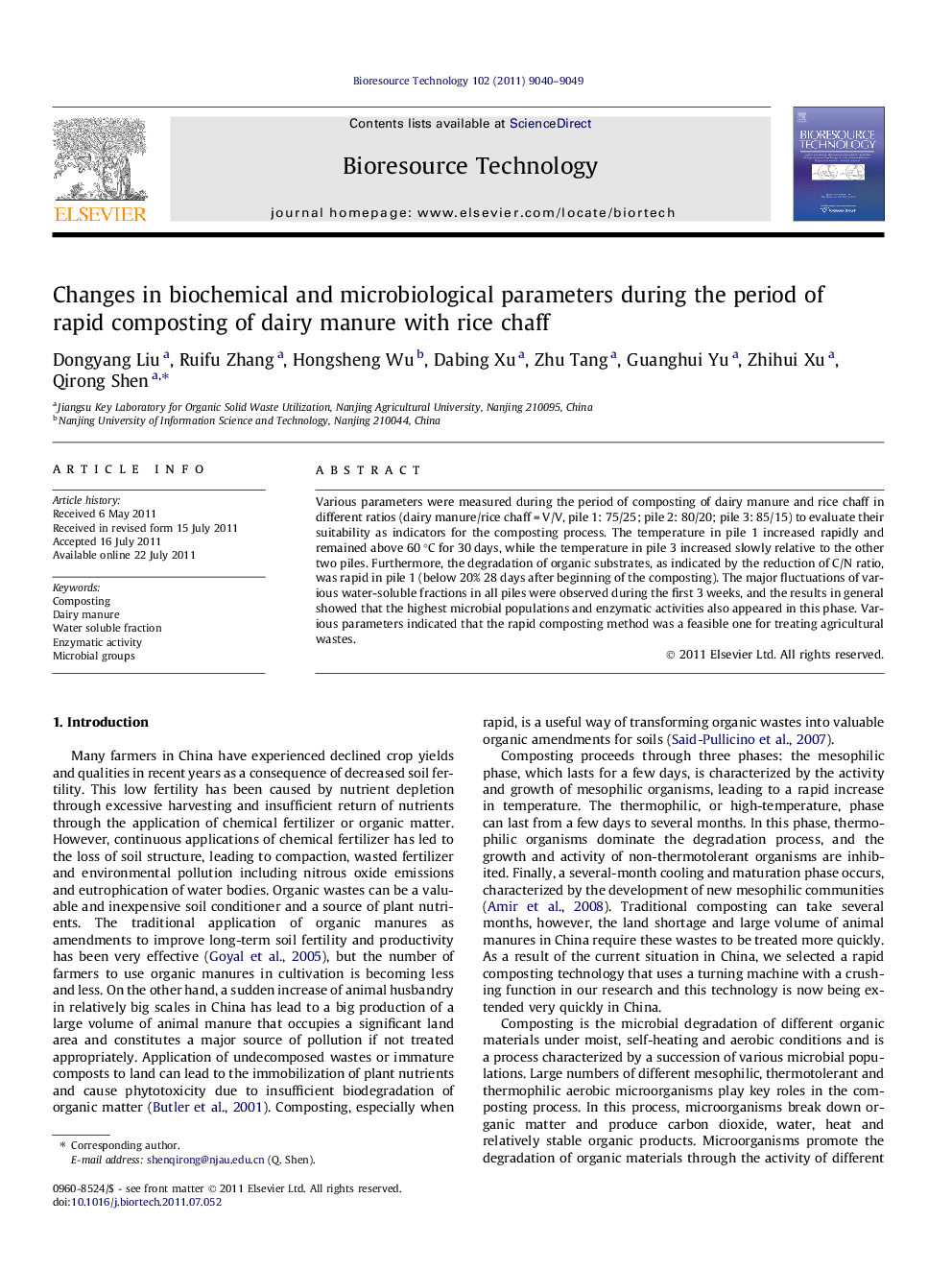 Changes in biochemical and microbiological parameters during the period of rapid composting of dairy manure with rice chaff