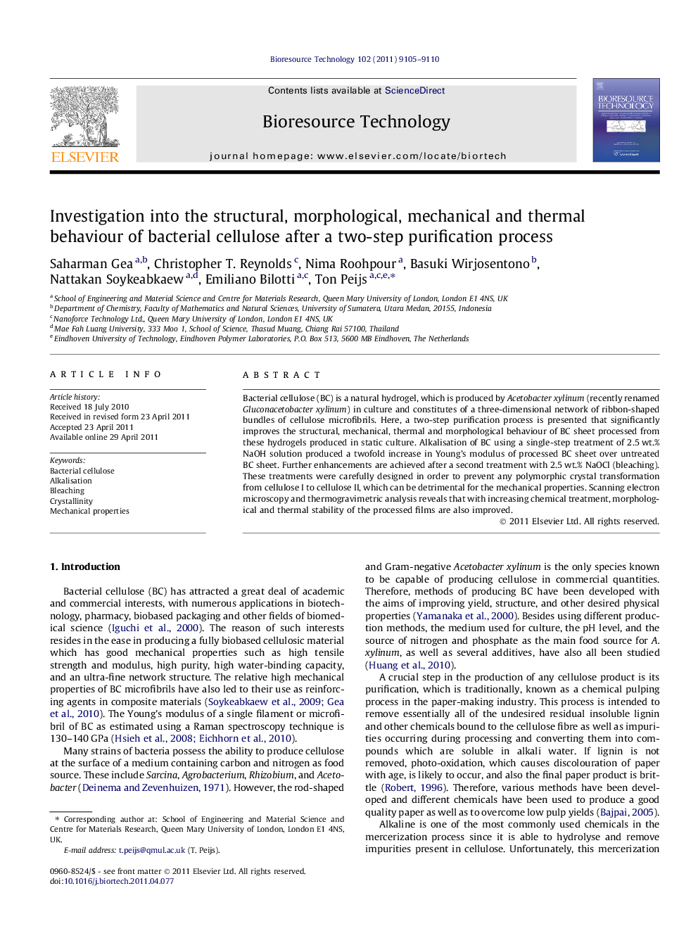 Investigation into the structural, morphological, mechanical and thermal behaviour of bacterial cellulose after a two-step purification process