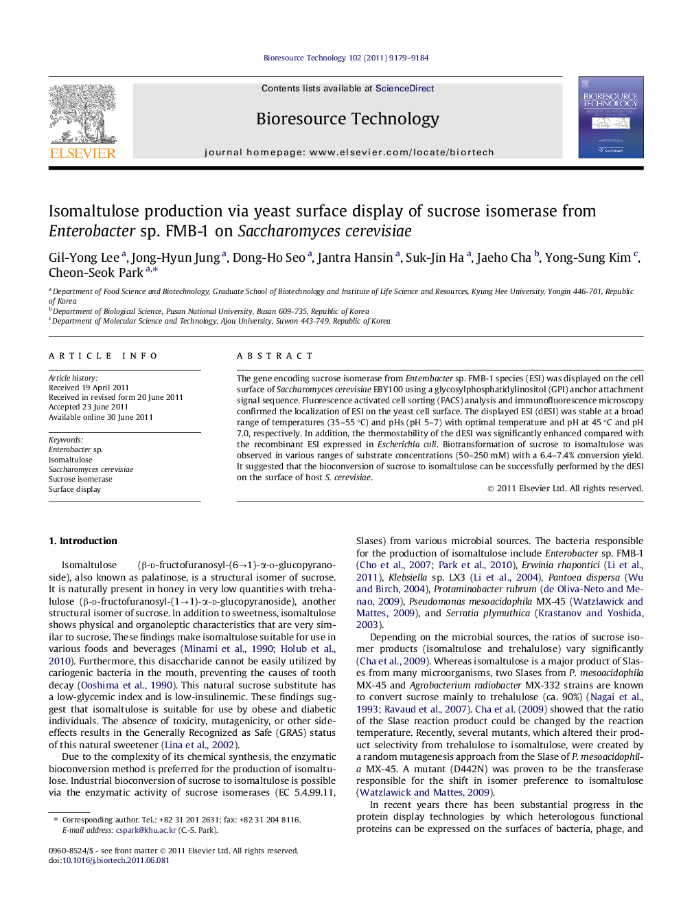 Isomaltulose production via yeast surface display of sucrose isomerase from Enterobacter sp. FMB-1 on Saccharomyces cerevisiae