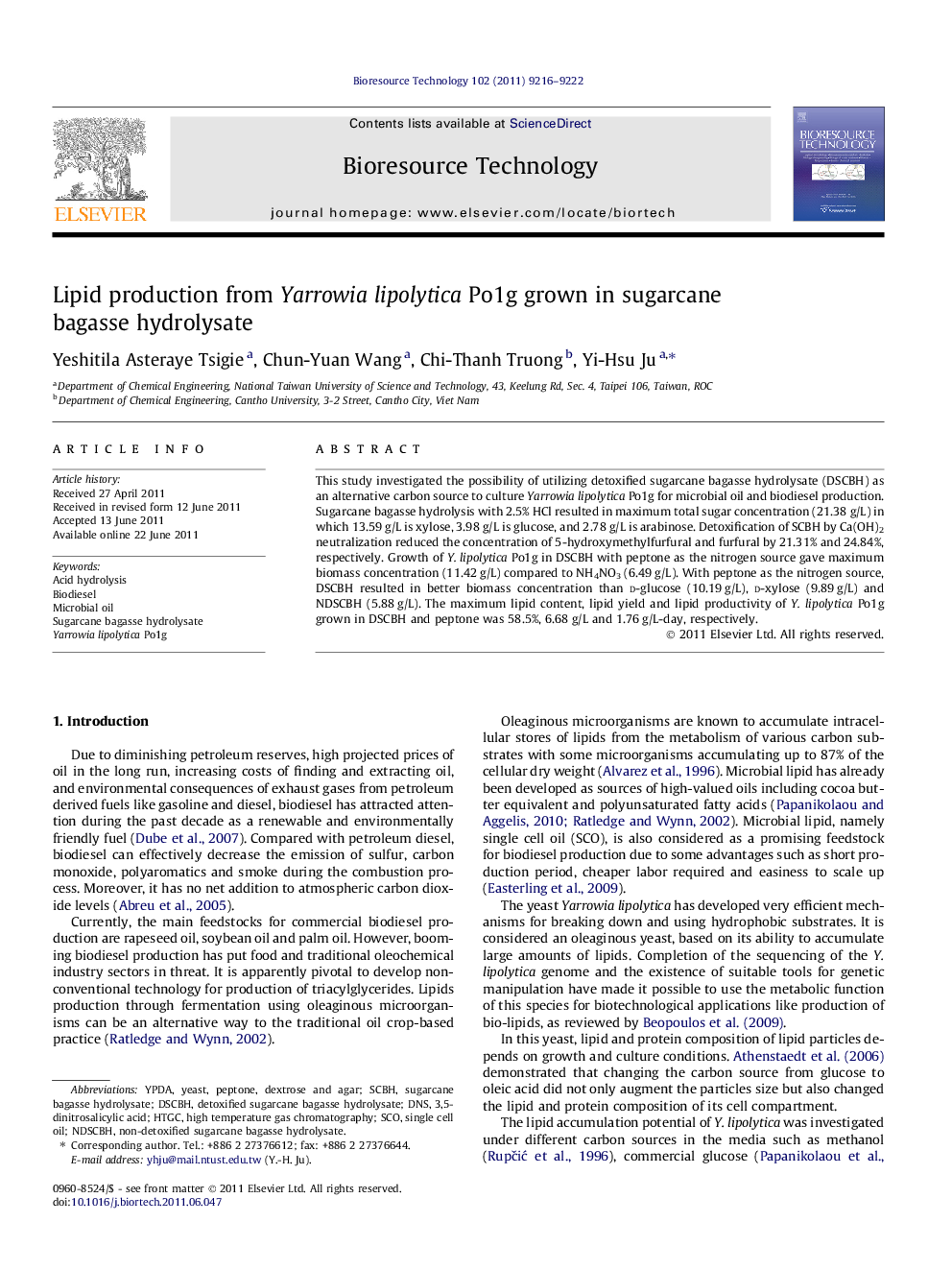 Lipid production from Yarrowia lipolytica Po1g grown in sugarcane bagasse hydrolysate