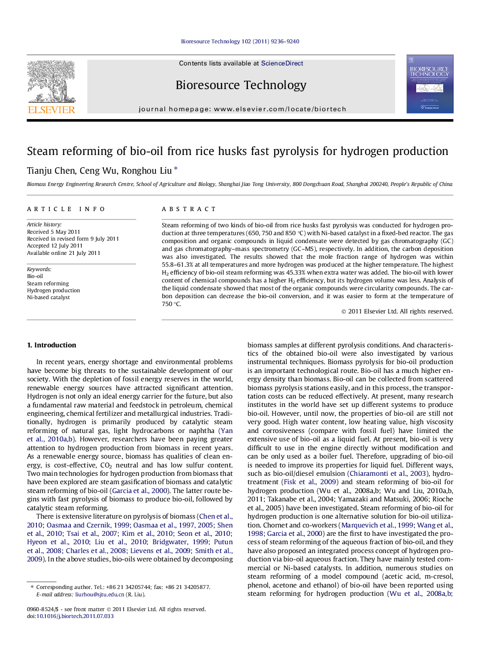 Steam reforming of bio-oil from rice husks fast pyrolysis for hydrogen production