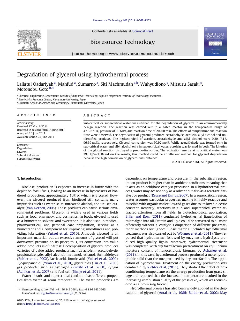 Degradation of glycerol using hydrothermal process