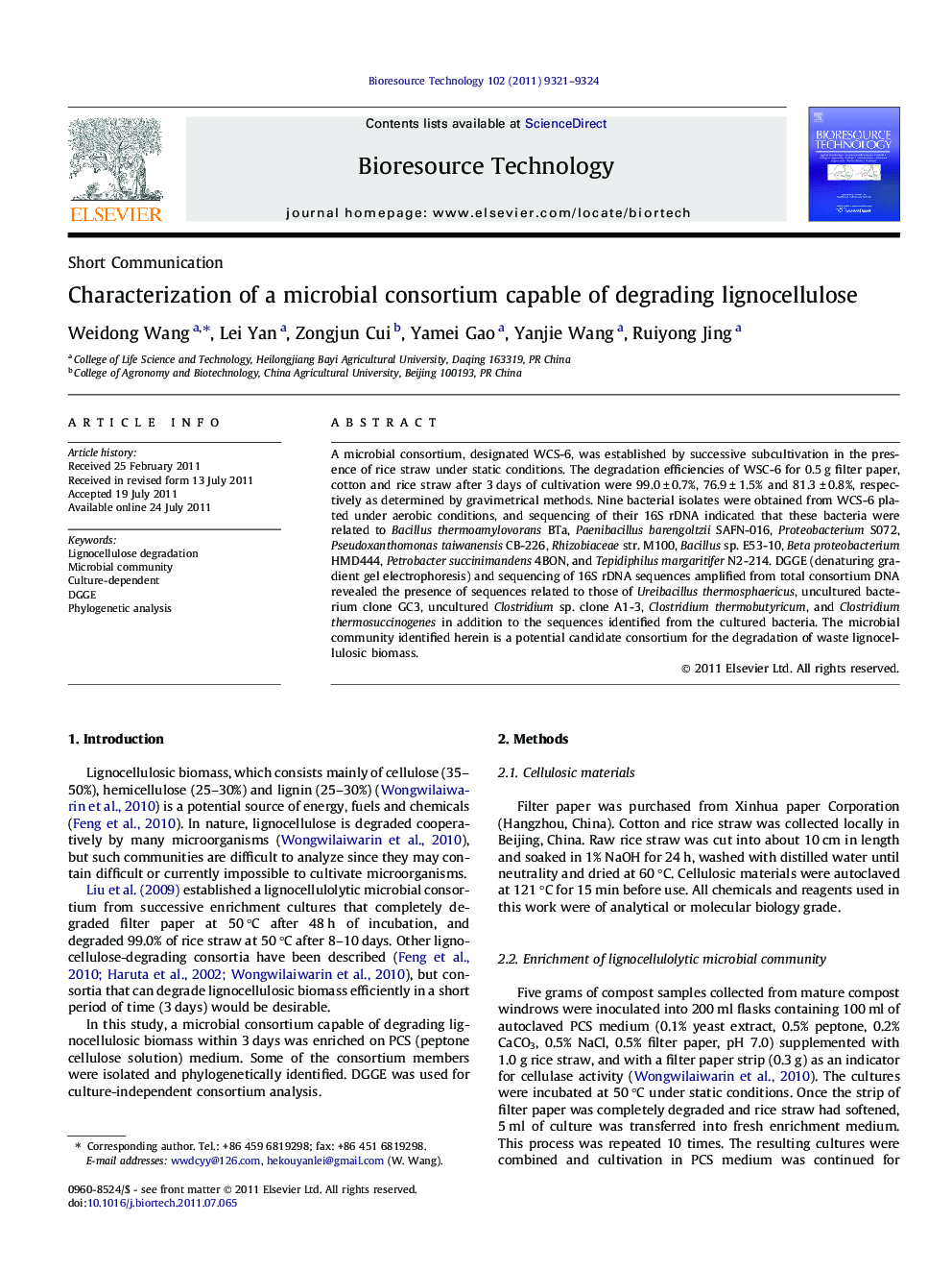 Characterization of a microbial consortium capable of degrading lignocellulose