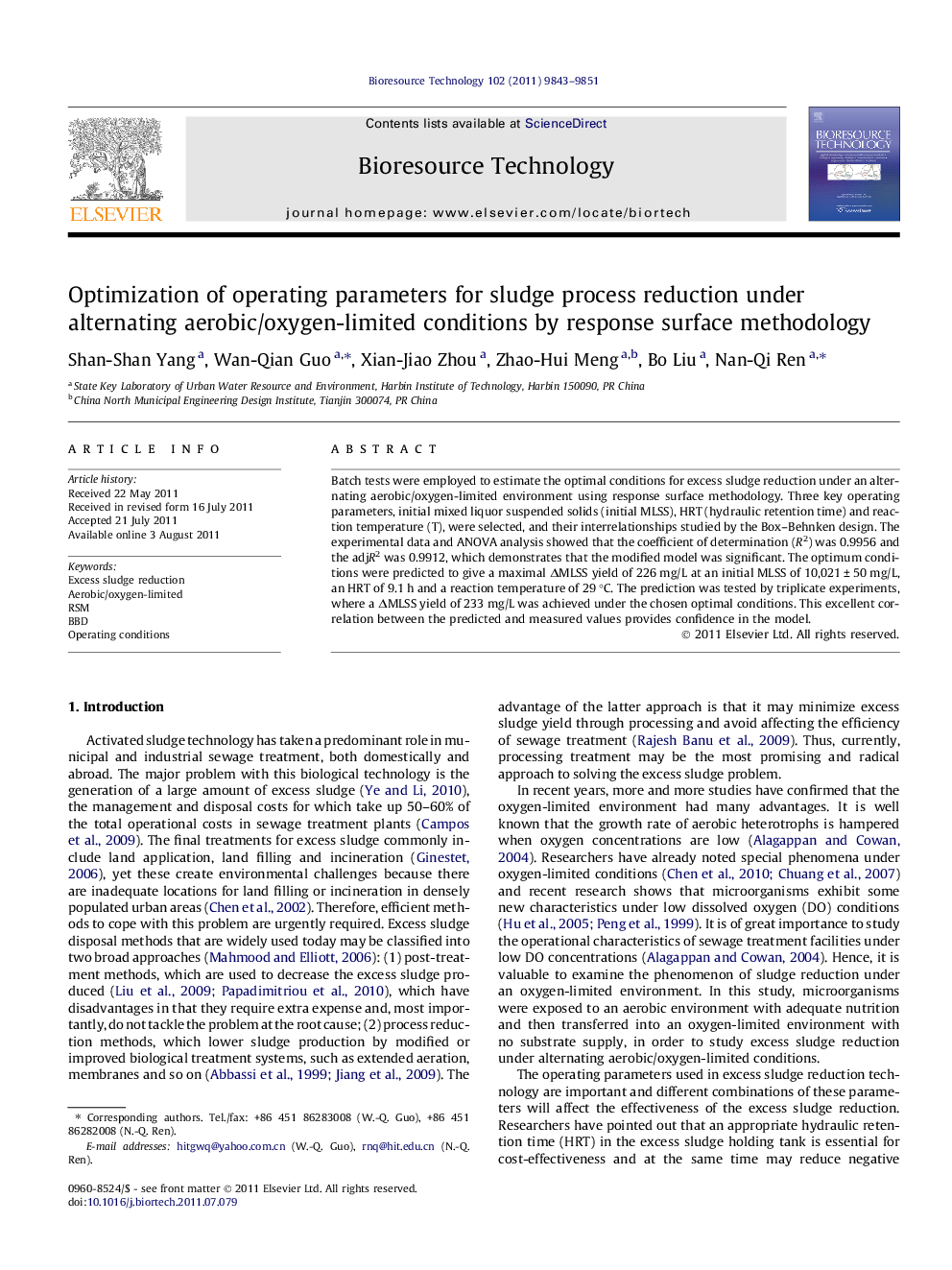 Optimization of operating parameters for sludge process reduction under alternating aerobic/oxygen-limited conditions by response surface methodology