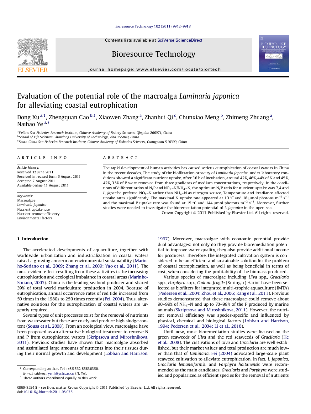 Evaluation of the potential role of the macroalga Laminaria japonica for alleviating coastal eutrophication