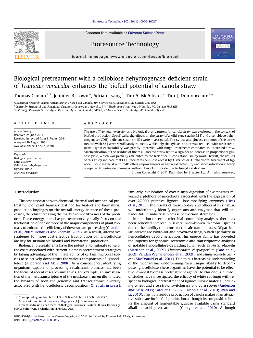 Biological pretreatment with a cellobiose dehydrogenase-deficient strain of Trametes versicolor enhances the biofuel potential of canola straw