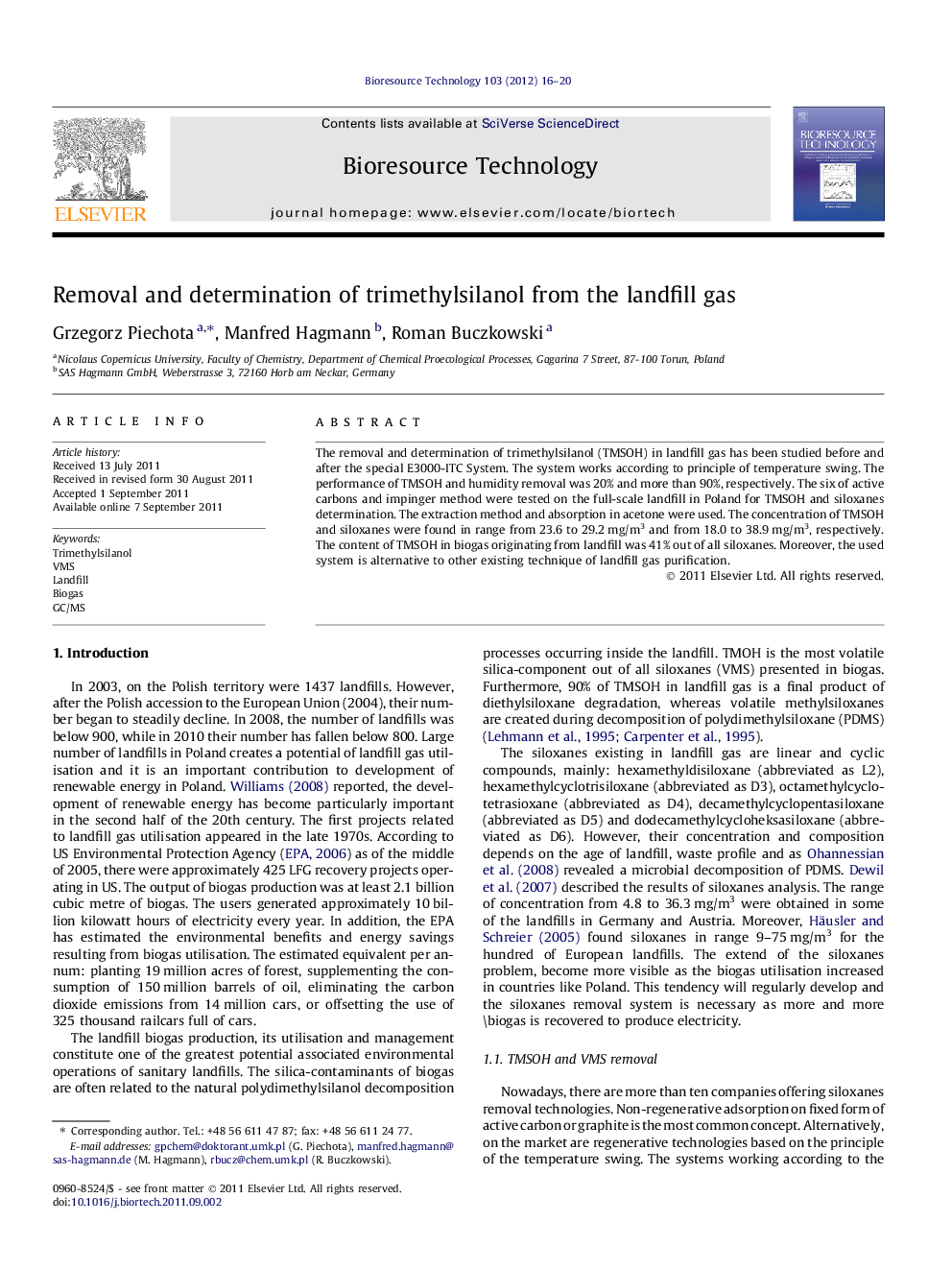 Removal and determination of trimethylsilanol from the landfill gas