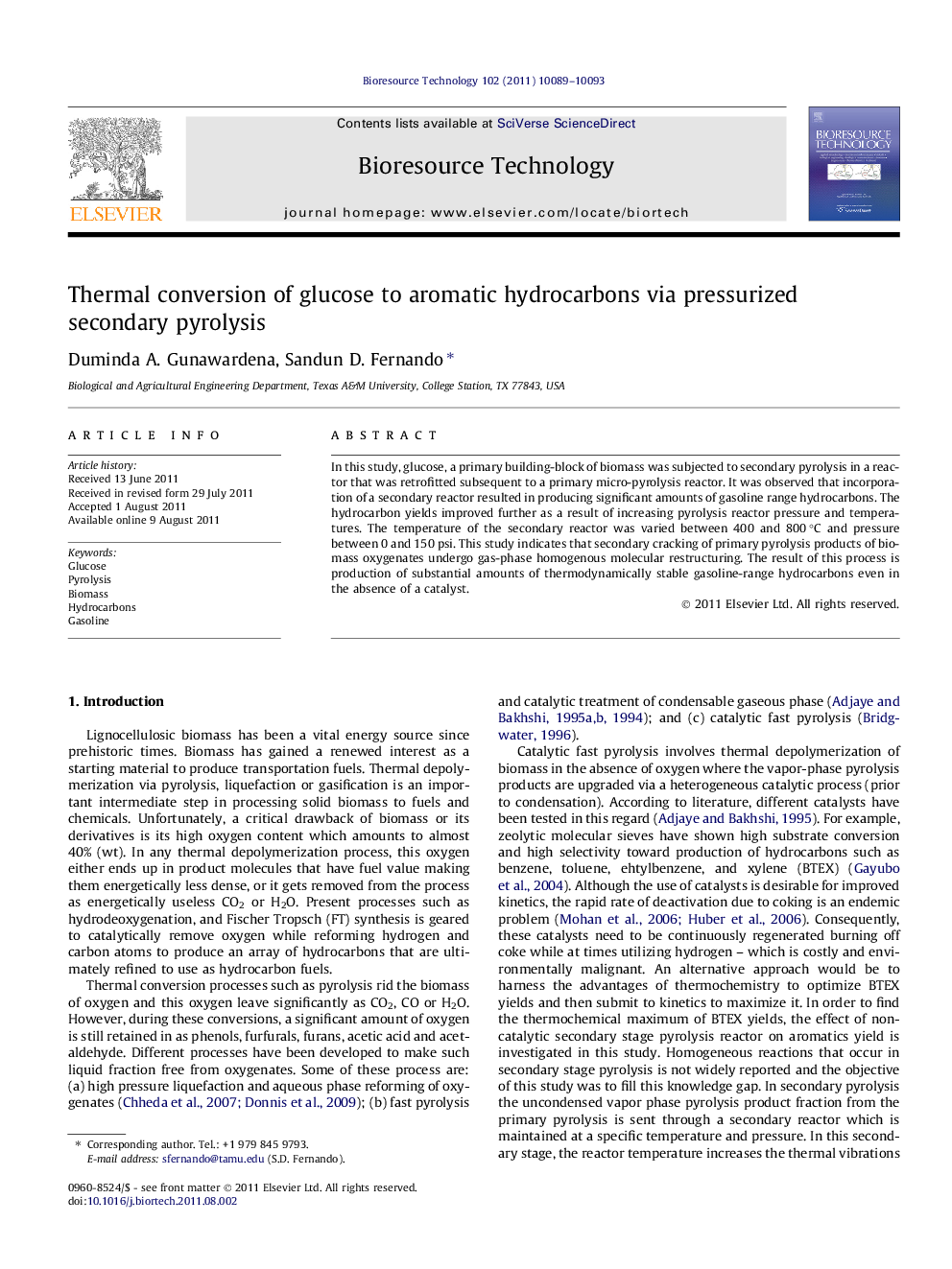 Thermal conversion of glucose to aromatic hydrocarbons via pressurized secondary pyrolysis