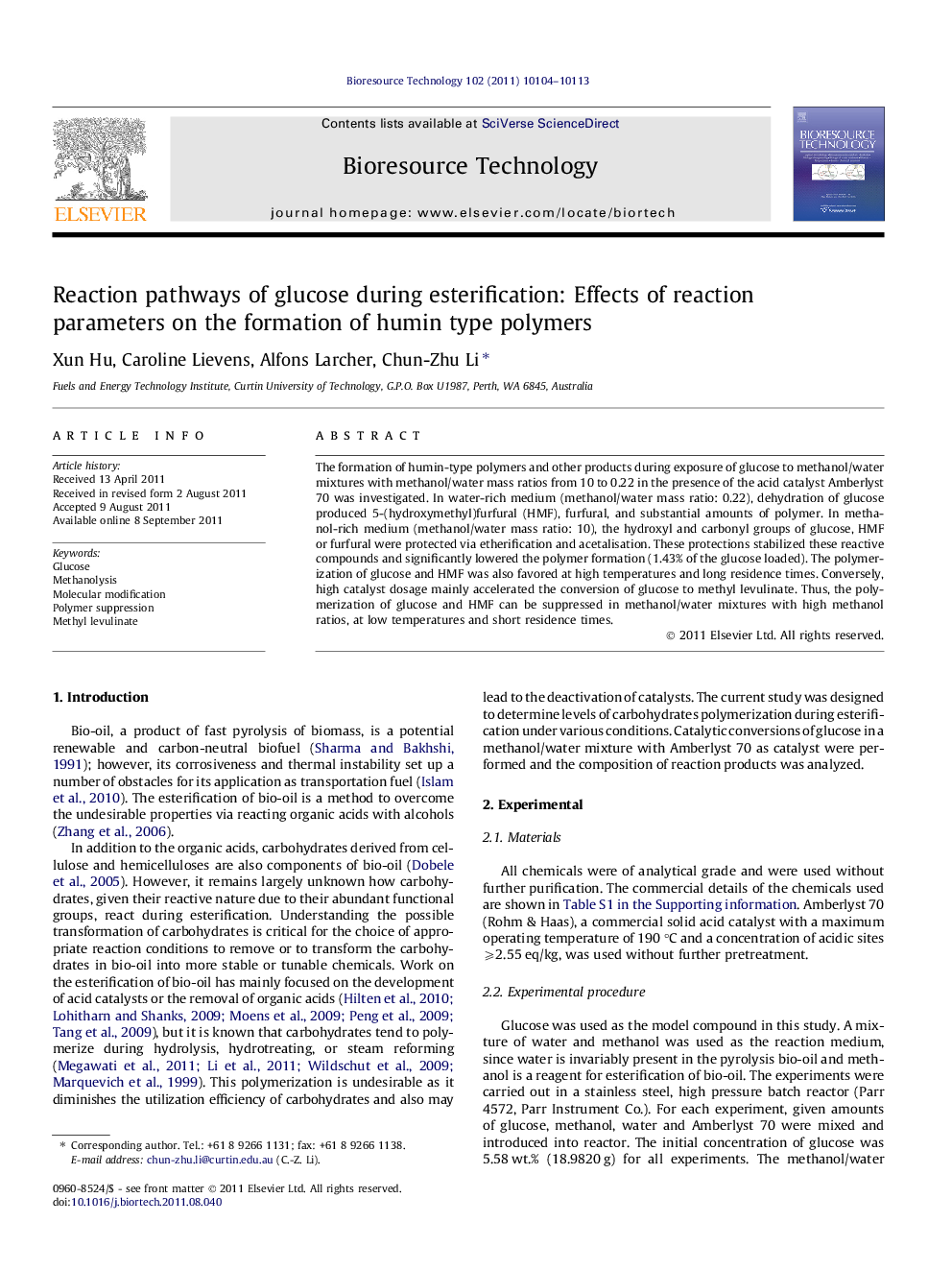 Reaction pathways of glucose during esterification: Effects of reaction parameters on the formation of humin type polymers