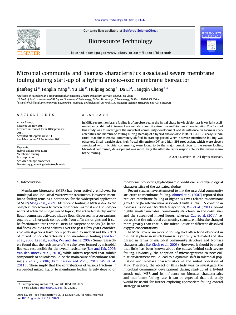 عکس صفحه اول مقاله: Microbial community and biomass characteristics associated severe membrane fouling during start-up of a hybrid anoxic-oxic membrane bioreactor Microbial community and biomass characteristics associated severe membrane fouling during start-up of a hybrid anoxic-oxic membrane bioreactor