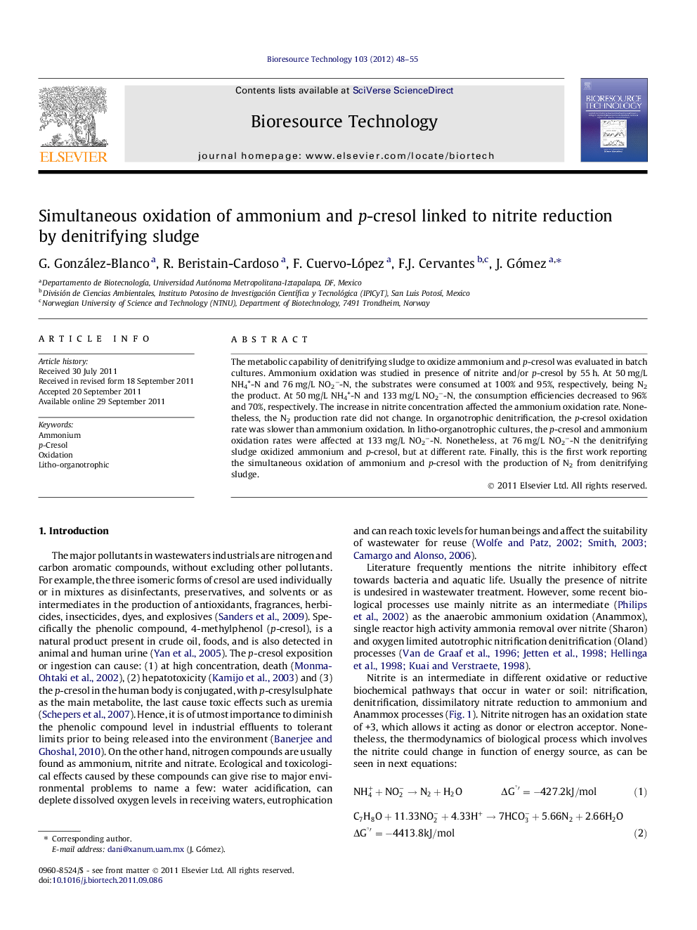 Simultaneous oxidation of ammonium and p-cresol linked to nitrite reduction by denitrifying sludge