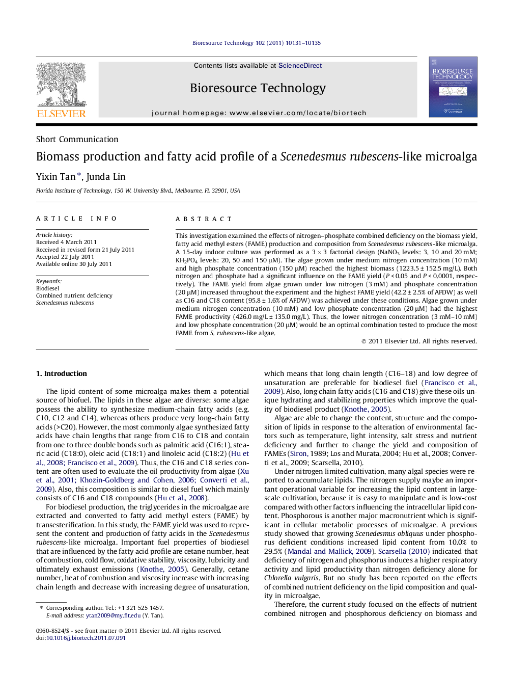 Biomass production and fatty acid profile of a Scenedesmus rubescens-like microalga