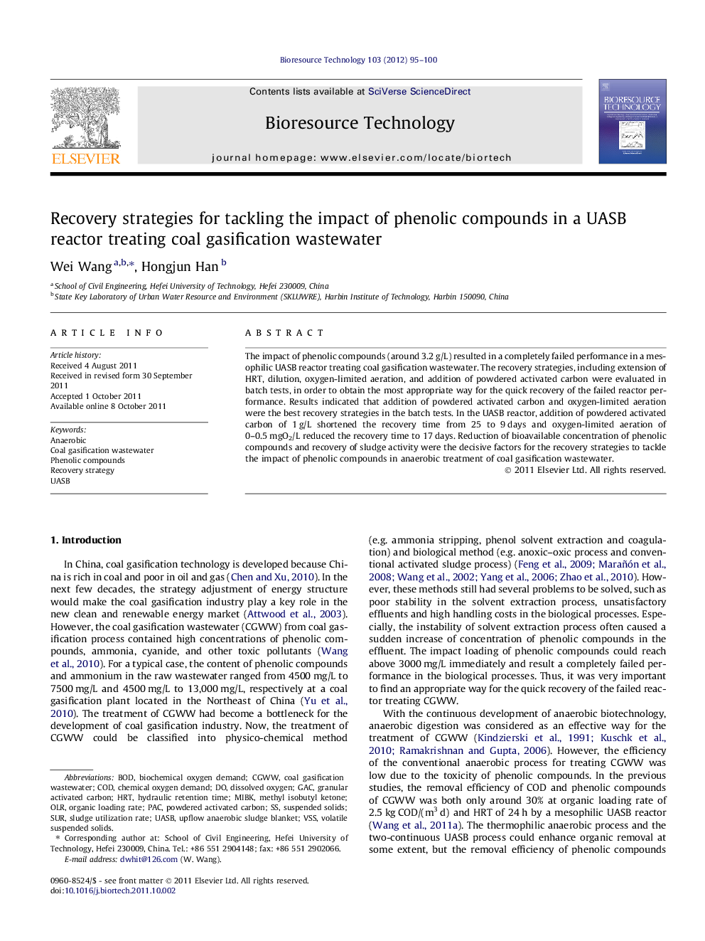 Recovery strategies for tackling the impact of phenolic compounds in a UASB reactor treating coal gasification wastewater