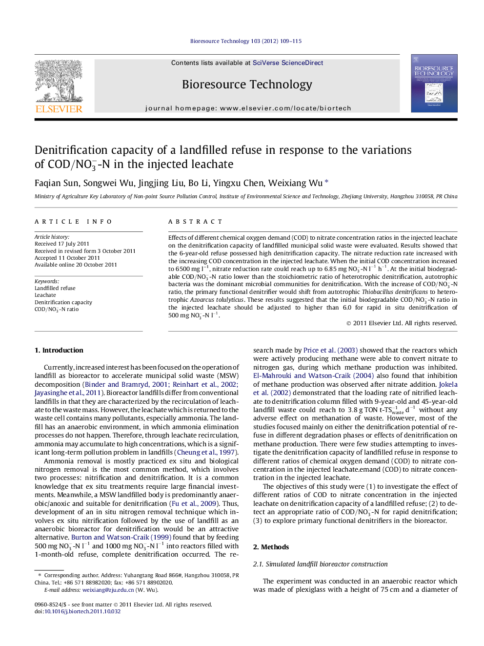 Denitrification capacity of a landfilled refuse in response to the variations of COD/NO3--N in the injected leachate