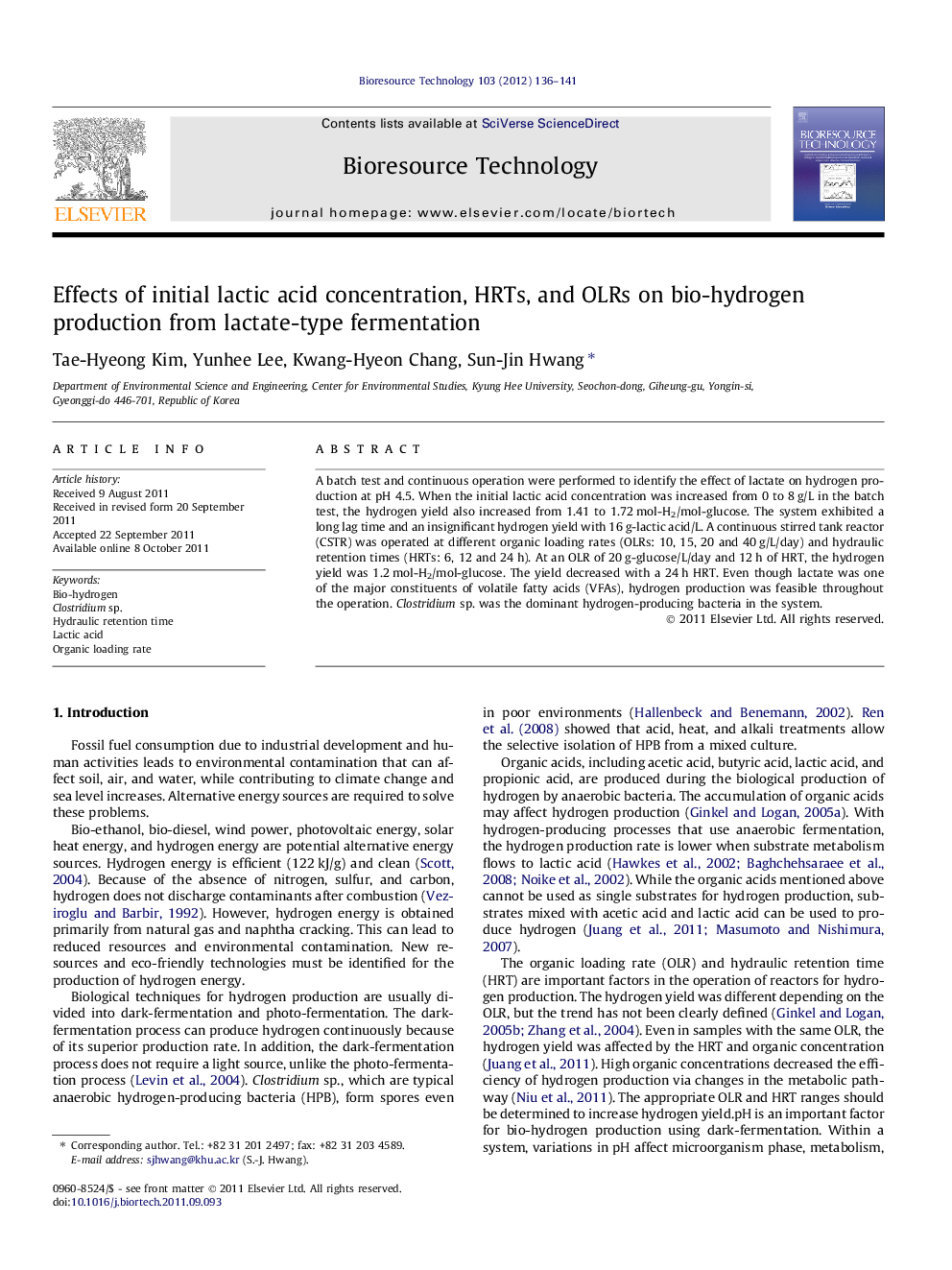 Effects of initial lactic acid concentration, HRTs, and OLRs on bio-hydrogen production from lactate-type fermentation